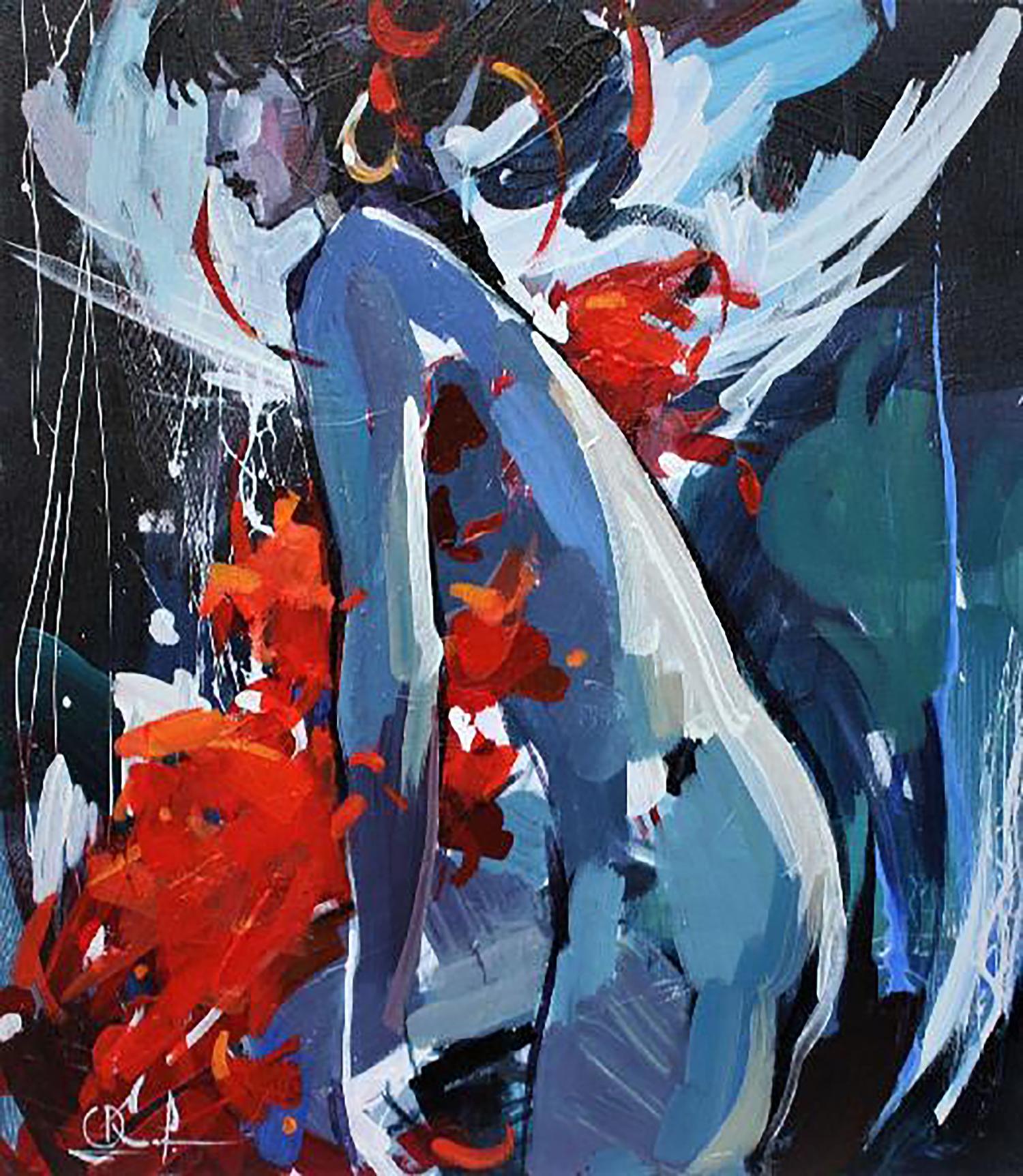Oil painting Angel Kozyar Yuri: vibrant abstract figure in blue with red white strokes