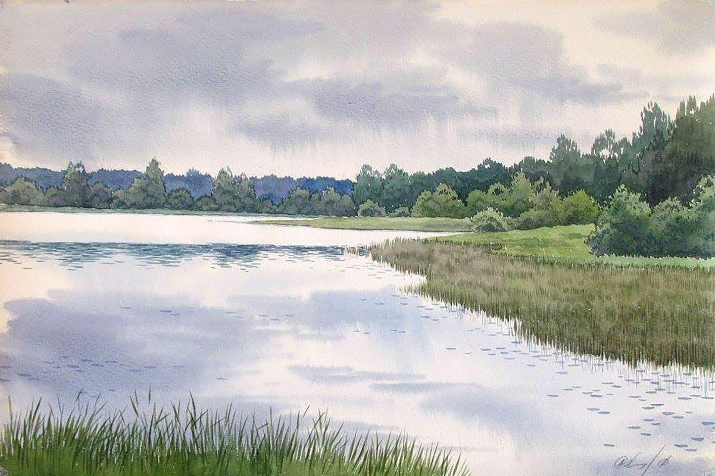 Watercolor painting Forest Lake Savenets Valery