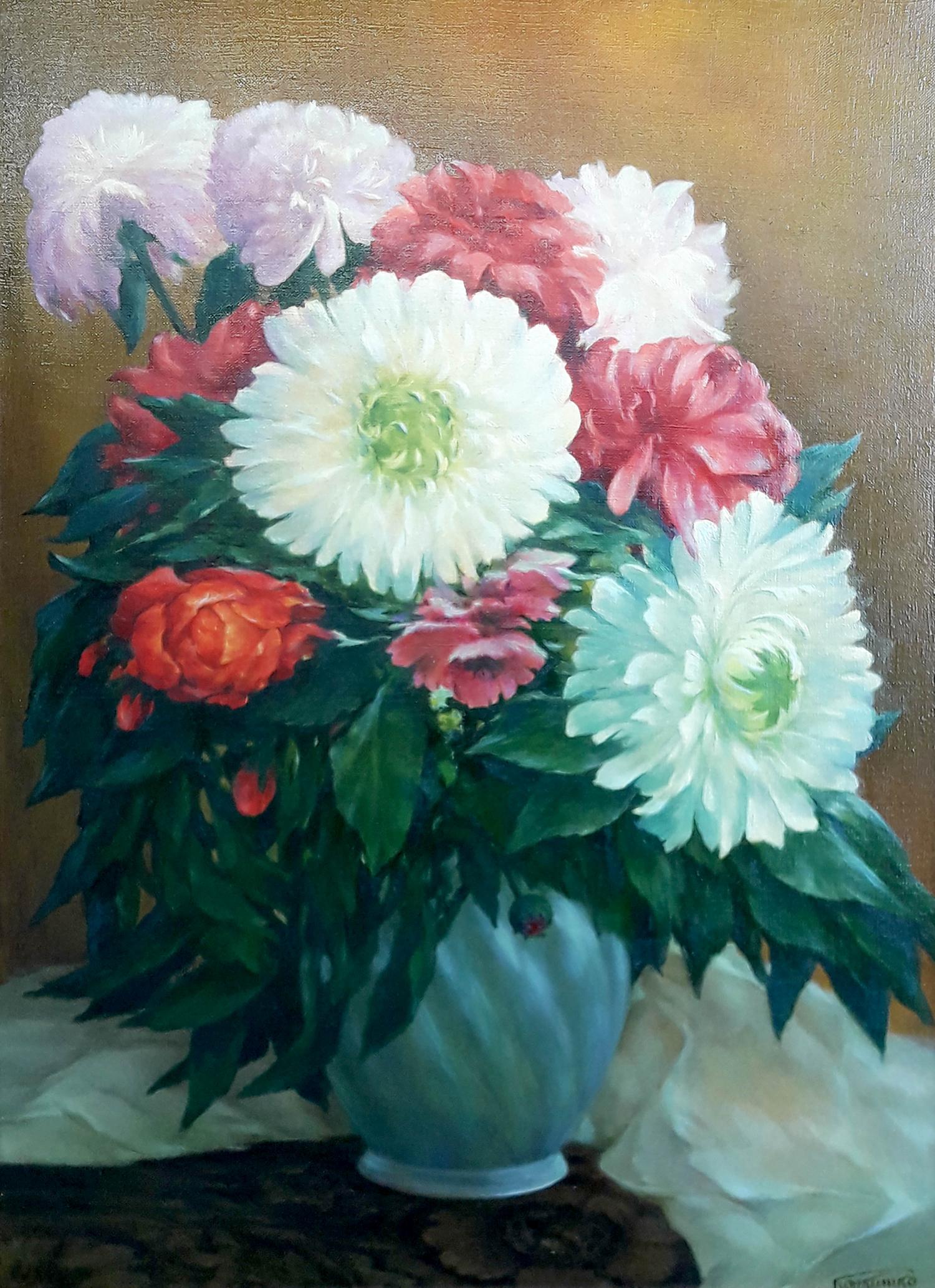 Oil painting of Festive still life by Korkishko Vasily: pink peonies in blue vase