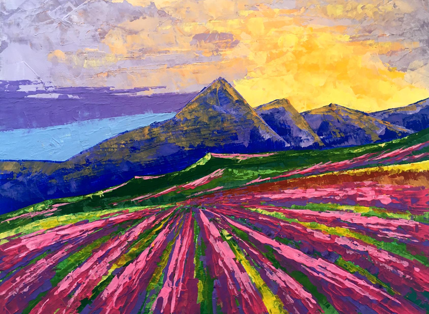 Oil painting Sunrise on the mountains by Zadorozhnya V. V.: pink green lavender fields mountains sunset