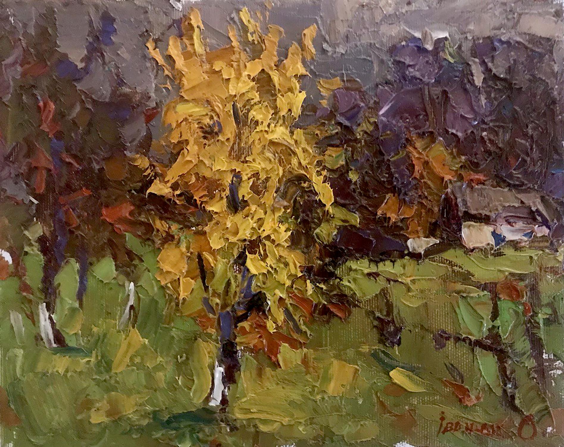 Oil painting Autumn twilight and yellow tree by Oksana Ivanyuk