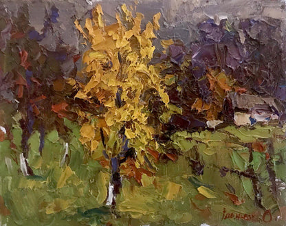 Oil painting Autumn twilight and yellow tree by Oksana Ivanyuk