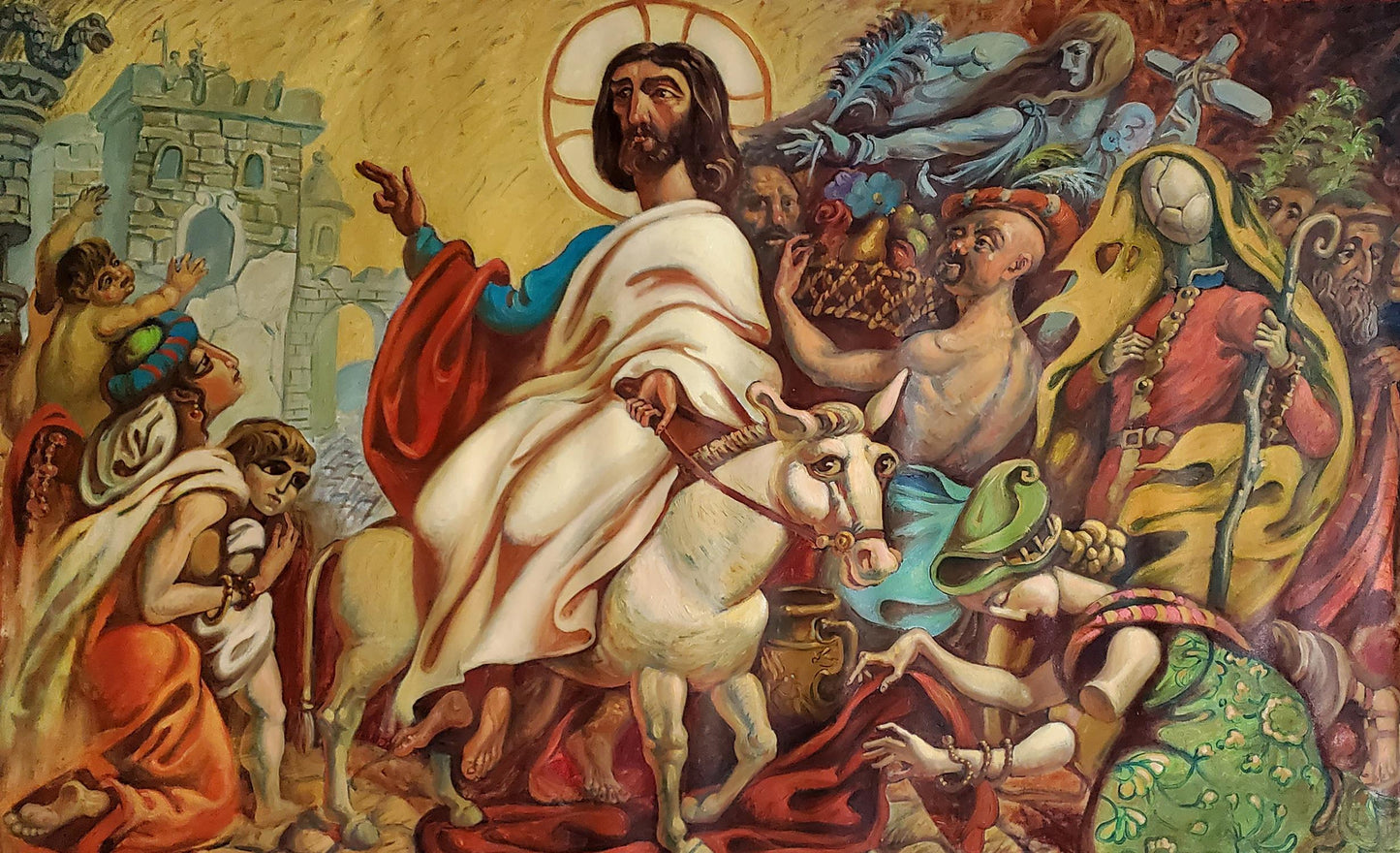 Oil painting of Jesus on white donkey entering Jerusalem by Litvinov Daniil Olegovich