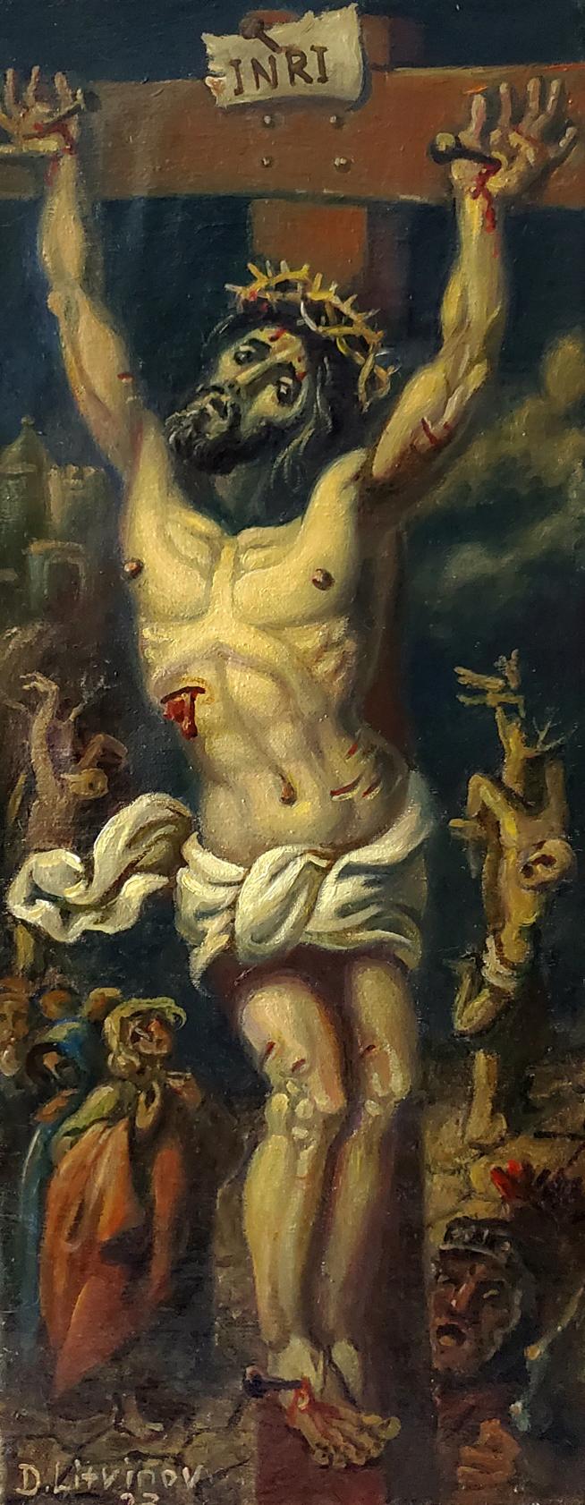 Dark blood-stained crucifixion oil painting by Daniil Litvinov