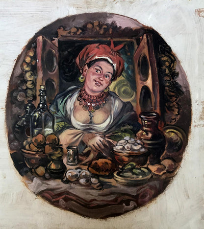 Oil painting Away by Alexander Arkadievich Litvinov: woman in red headscarf at laden table
