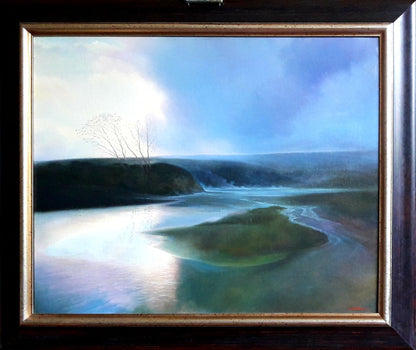 Framed Oil painting freshet by Korkishko Vasily serene river landscape
