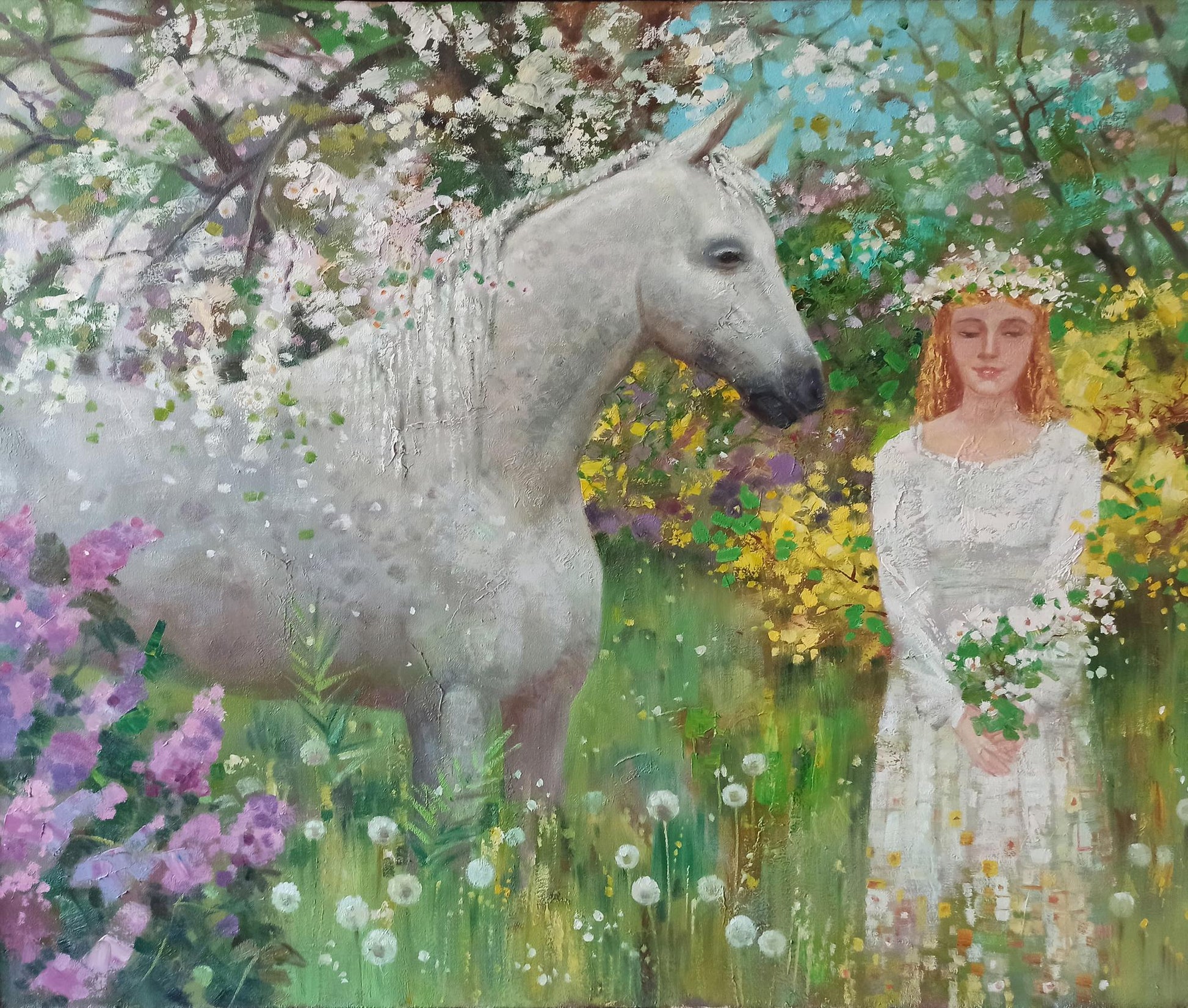 Serene white horse in flower meadow, abstract oil painting by Anatoly Borisovich Tarabanov