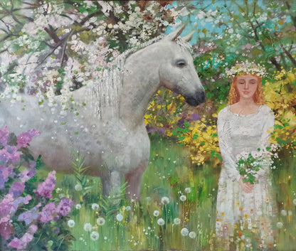 Serene white horse in flower meadow, abstract oil painting by Anatoly Borisovich Tarabanov