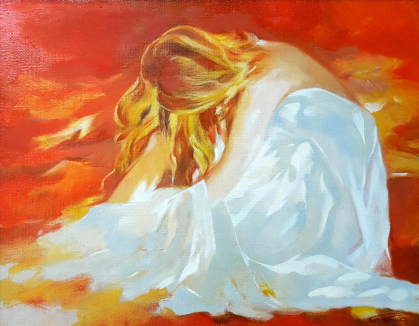 Oil painting of blonde girl in towel by Vasily Korkishko