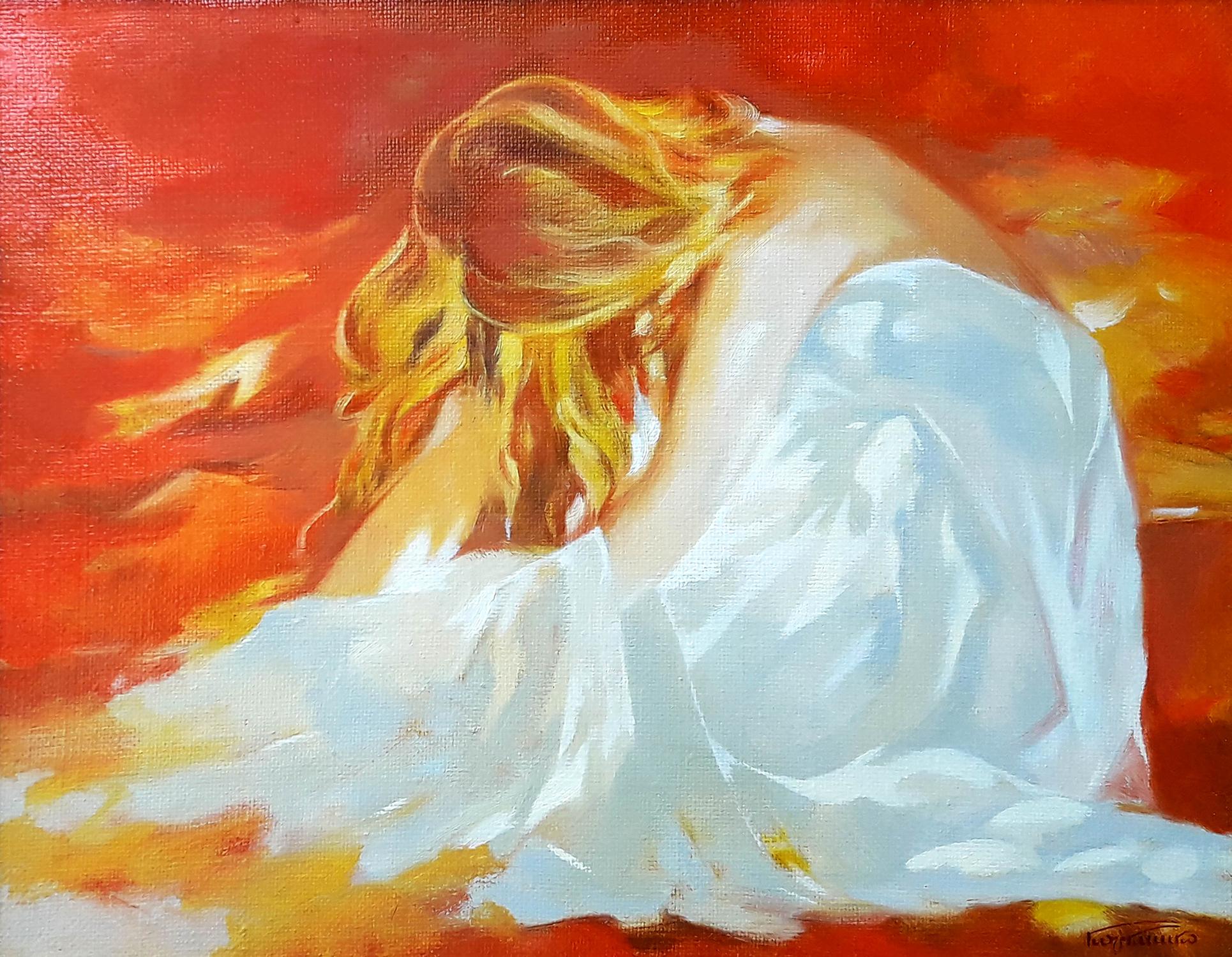 Oil painting of blonde girl in towel by Vasily Korkishko