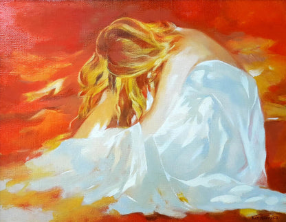Oil painting of blonde girl in towel by Vasily Korkishko