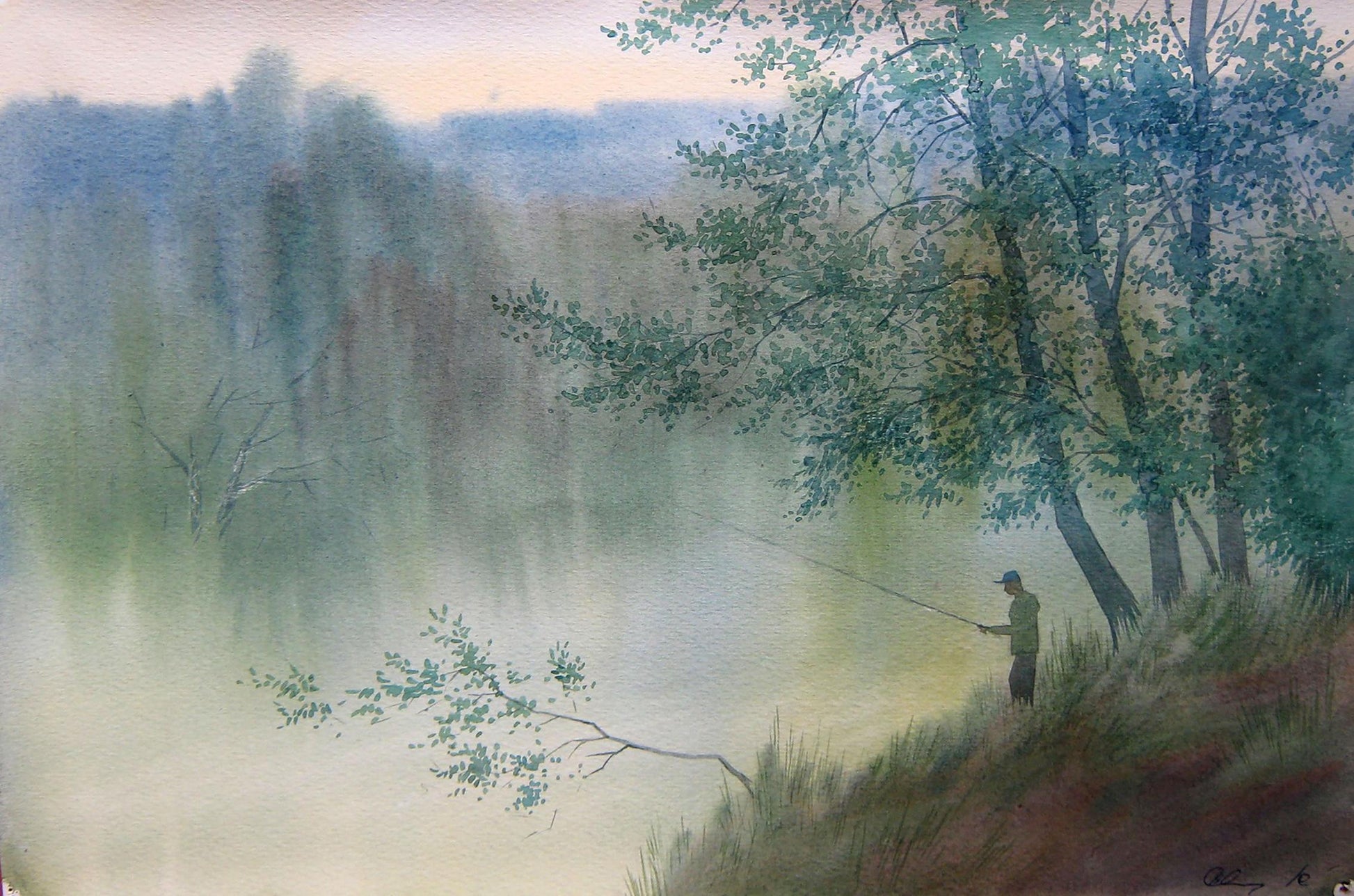 Watercolor painting Early fishing on the lake Valery Savenets