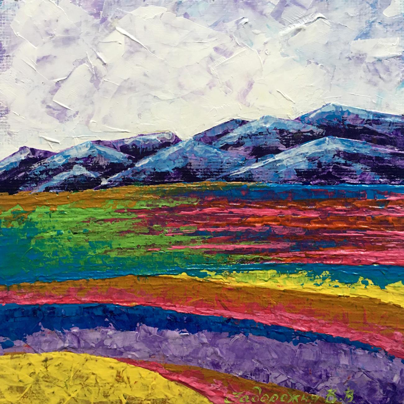Oil painting Cloudy day in the mountains V. Zadorozhnya vibrant abstract landscape