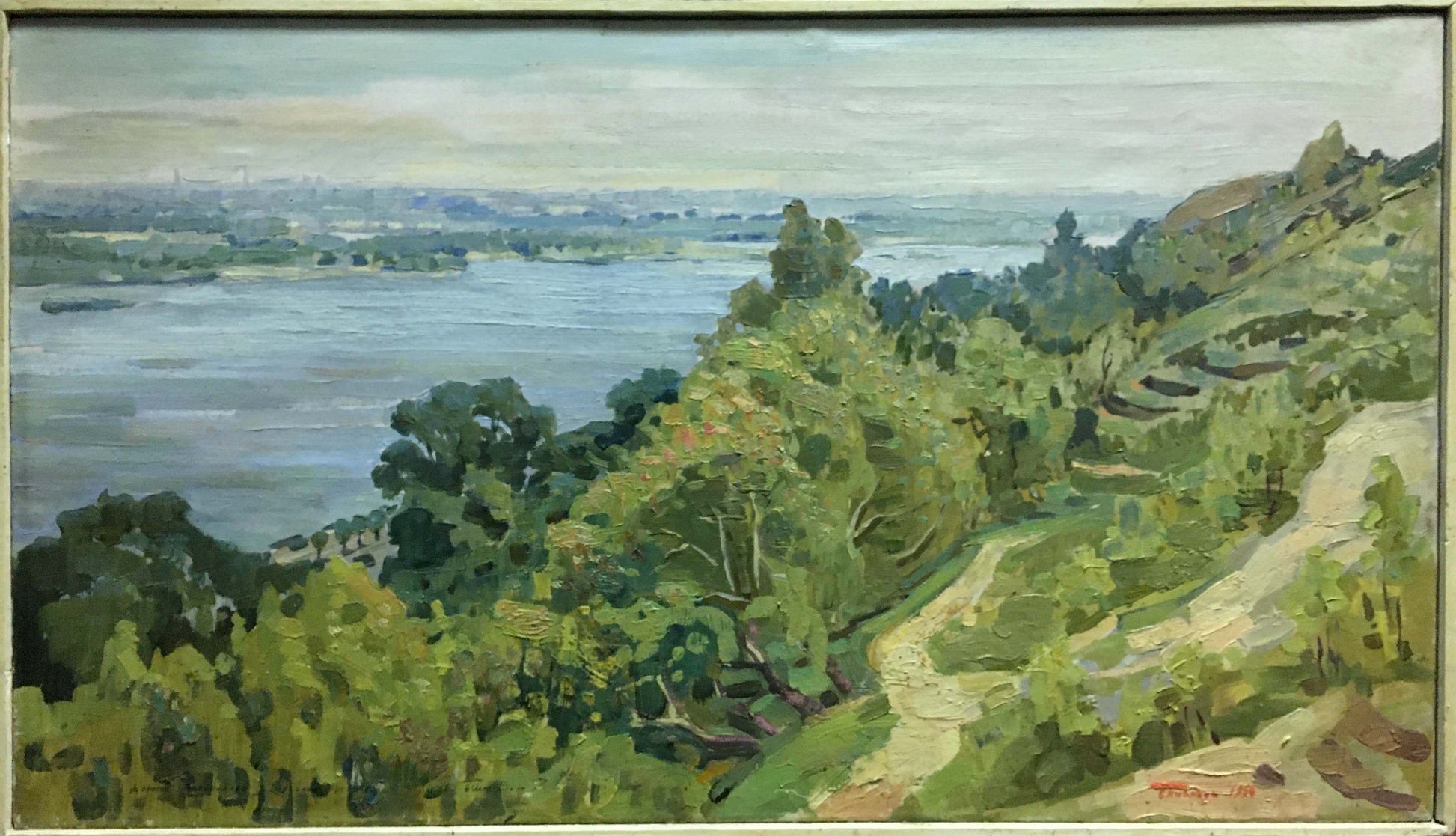 Oil painting River landscape by Pianida Boris Nikitich, lush hillside over river