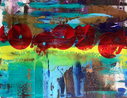 Vibrant Dance of Life acrylic painting by Melezhik Olga, bold red circles on teal yellow tones
