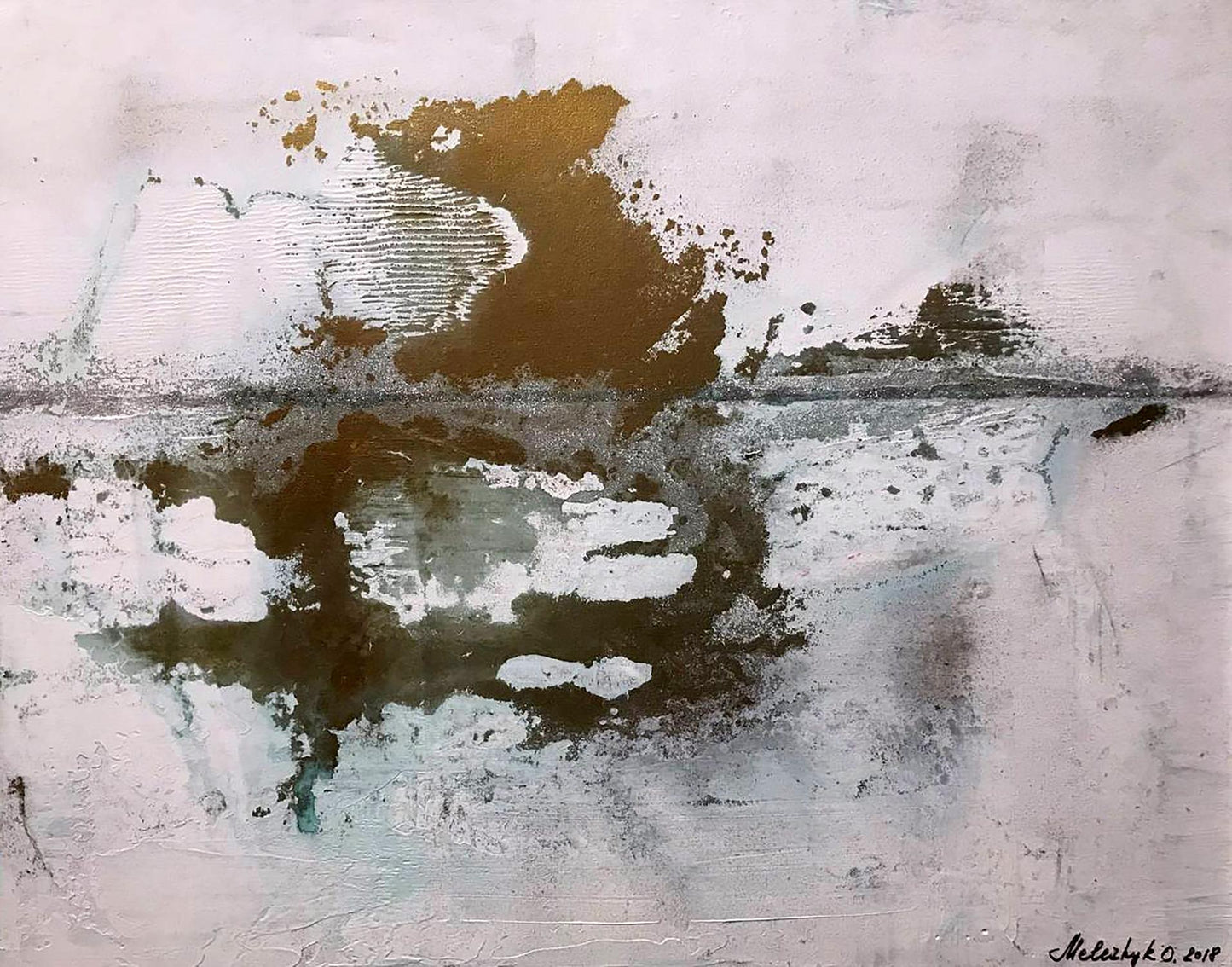 Abstract White Ocean acrylic painting by Melezhik Olga, textured white gray gold teal layers