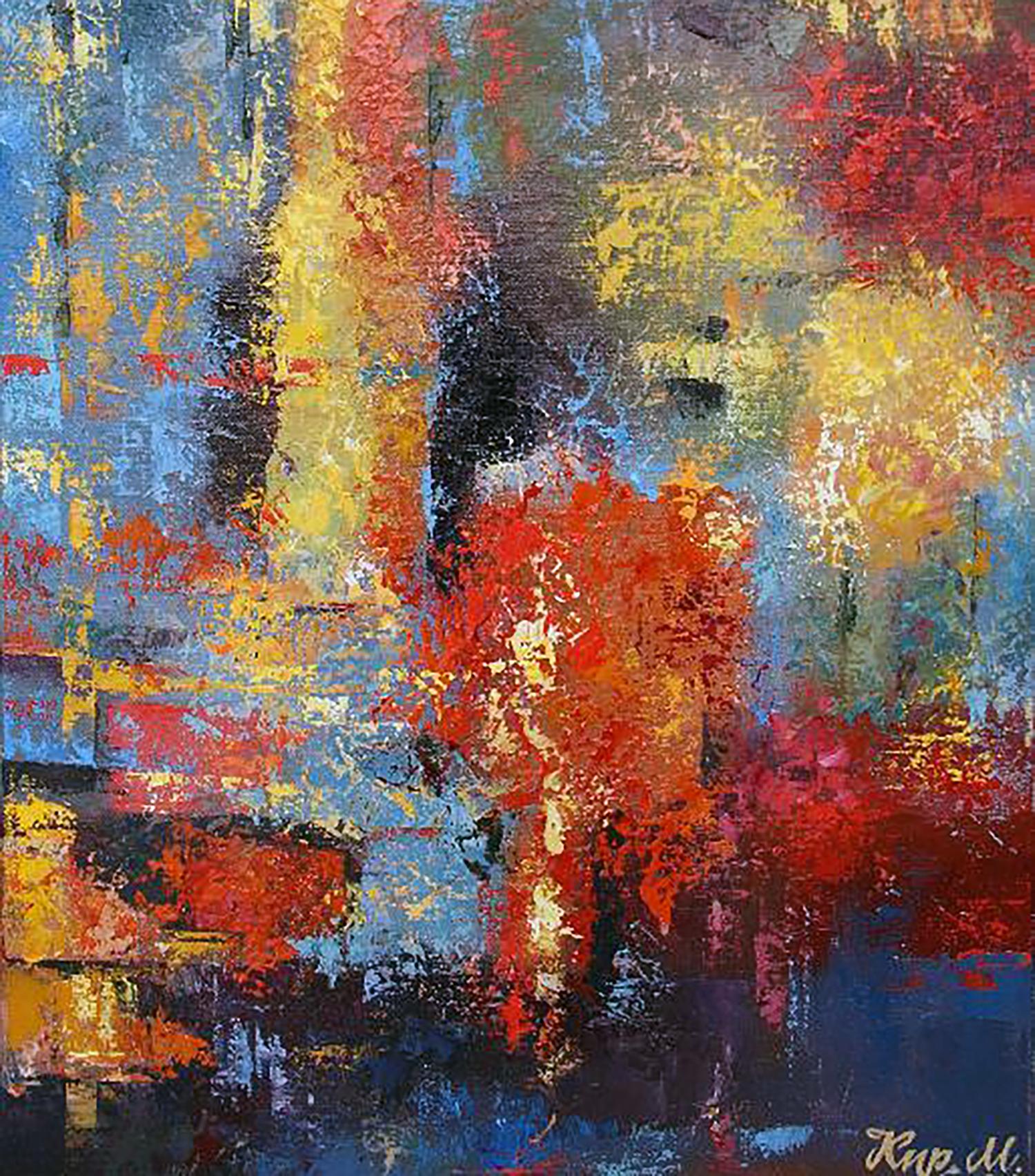 Oil painting Autumn morning Kirilenko Mikhail vibrant abstract with bold red yellow blue strokes