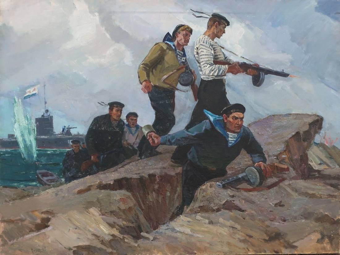 Dynamic Soviet naval paratroopers in Black Sea oil painting with submarine