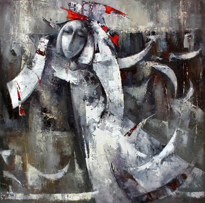 Oil painting of silver angel by Valentina Alekseevna Kozyar, monochrome figure with red accents