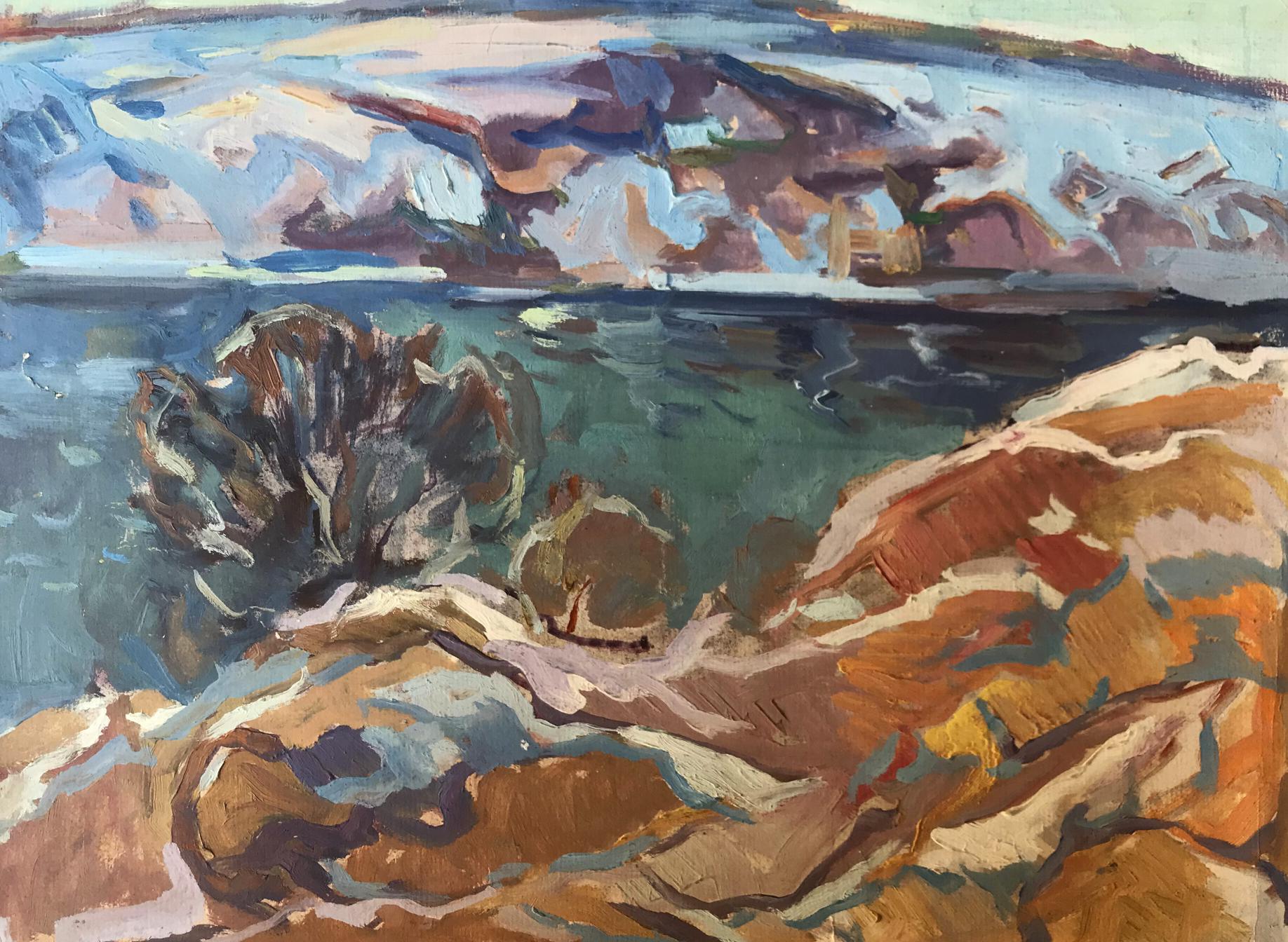 Oil painting Early winter by Alexander Arkadievich Litvinov with rocks and turquoise water