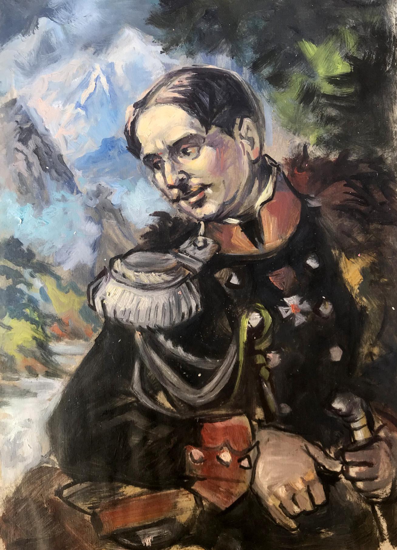 Oil painting portrait of officer Alexander Litvinov in nature
