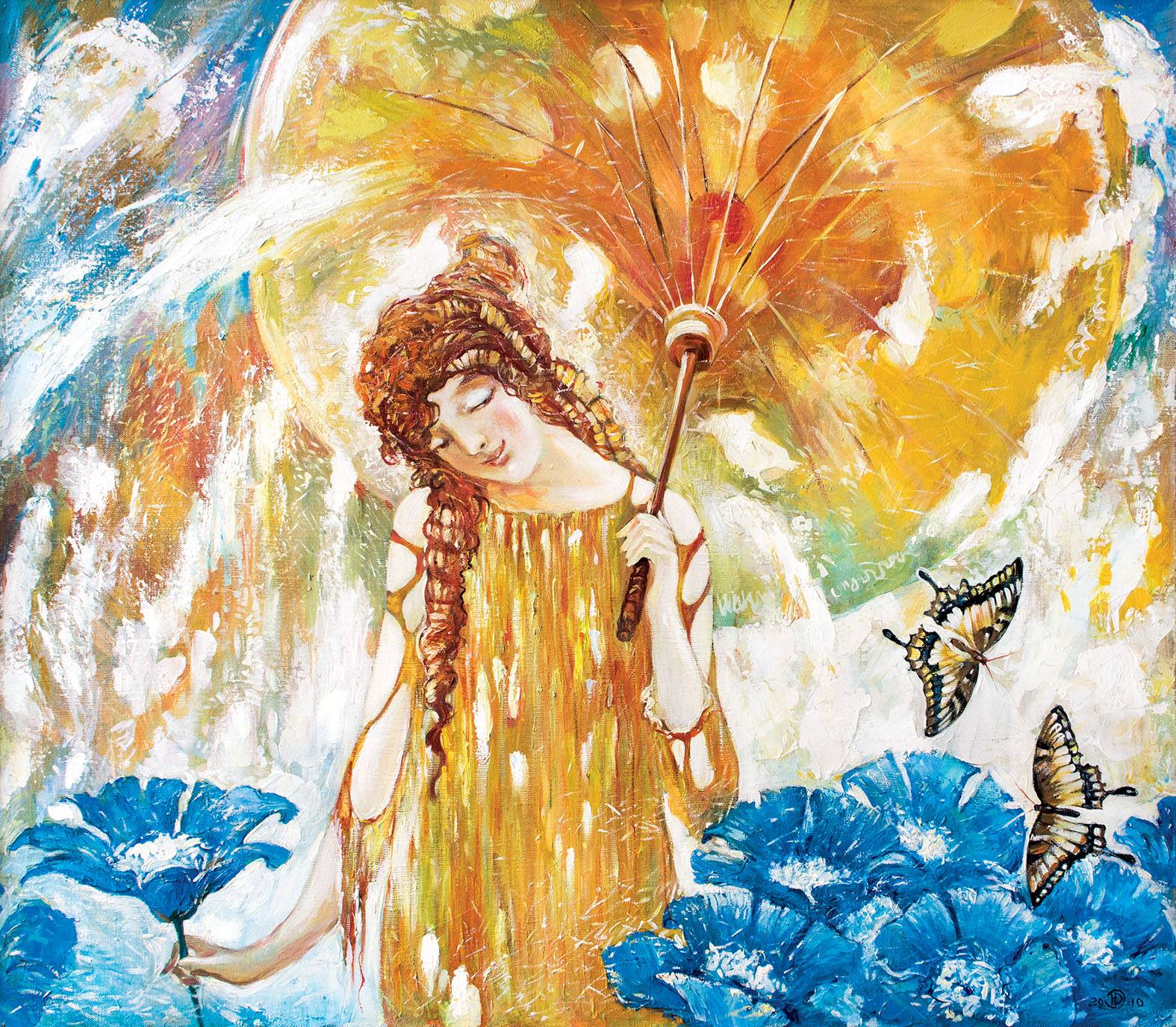 Acrylic painting Fifth Time of the Year by Dubinin Yurii woman with golden dress umbrella