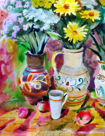 Watercolor painting of Egor Shvachunovs colorful vases with daisies