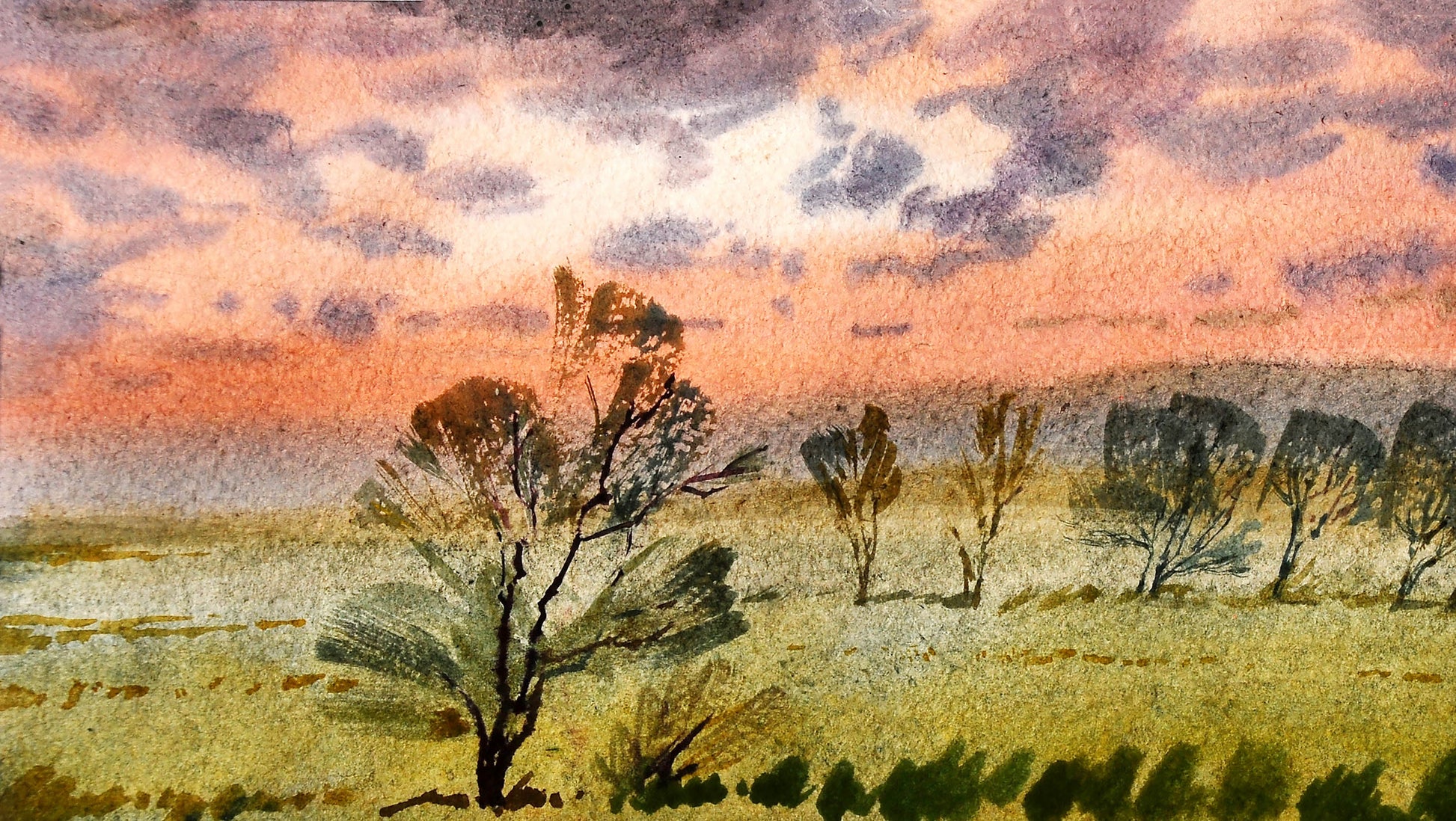 Watercolor painting By the Evening by Egor Shvachunov, dusk landscape