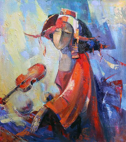 Oil painting Red violin by Kirilenko Ivan with figure in red robes holding violin