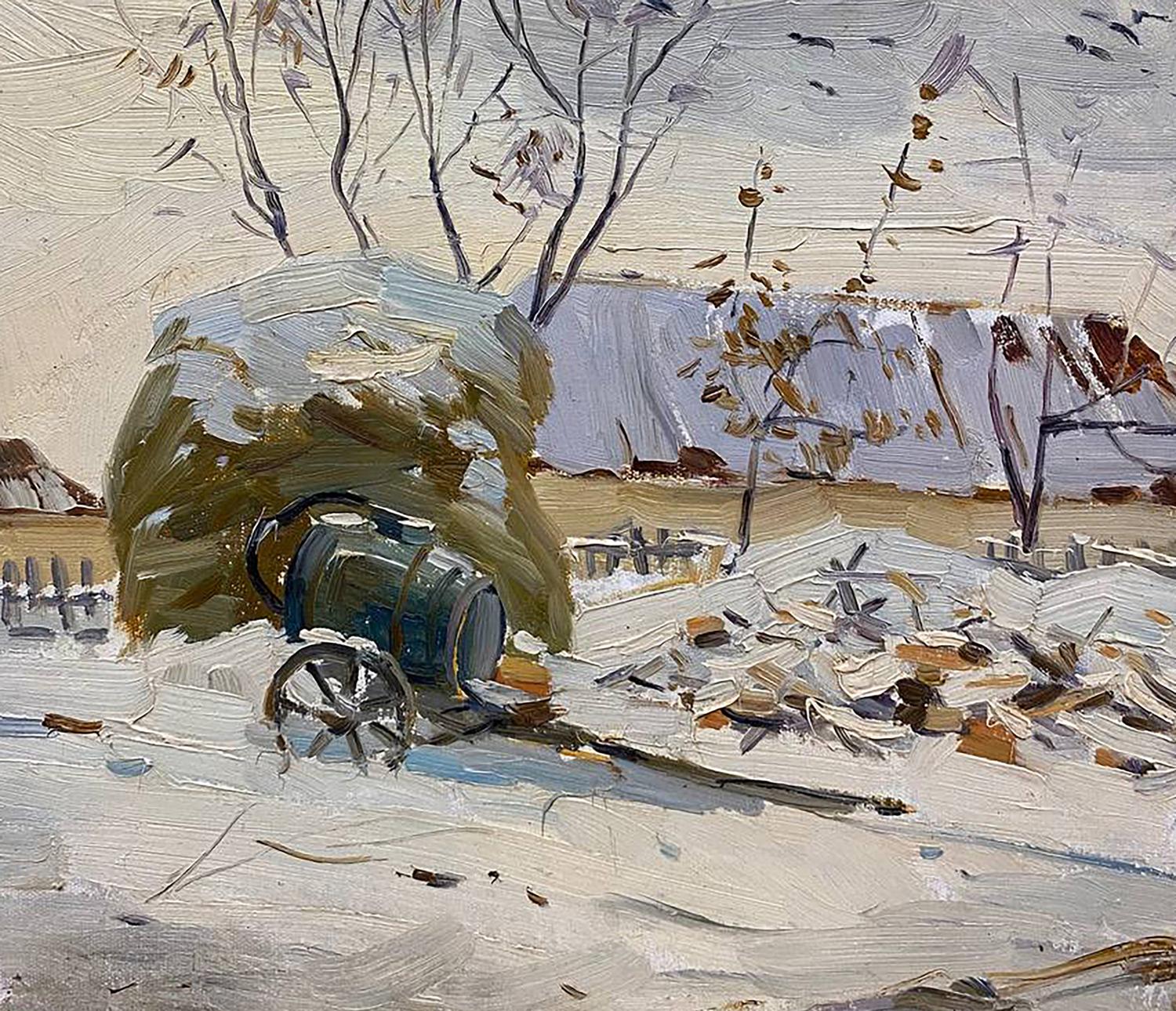 Oil painting of dark green weathered barrel in early winter snow by unknown artist