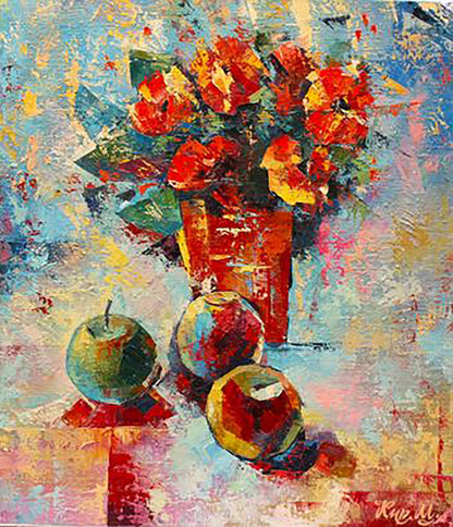 Oil painting Morning flowers Kirilenko Mikhail: vibrant red orange flowers in textured vase