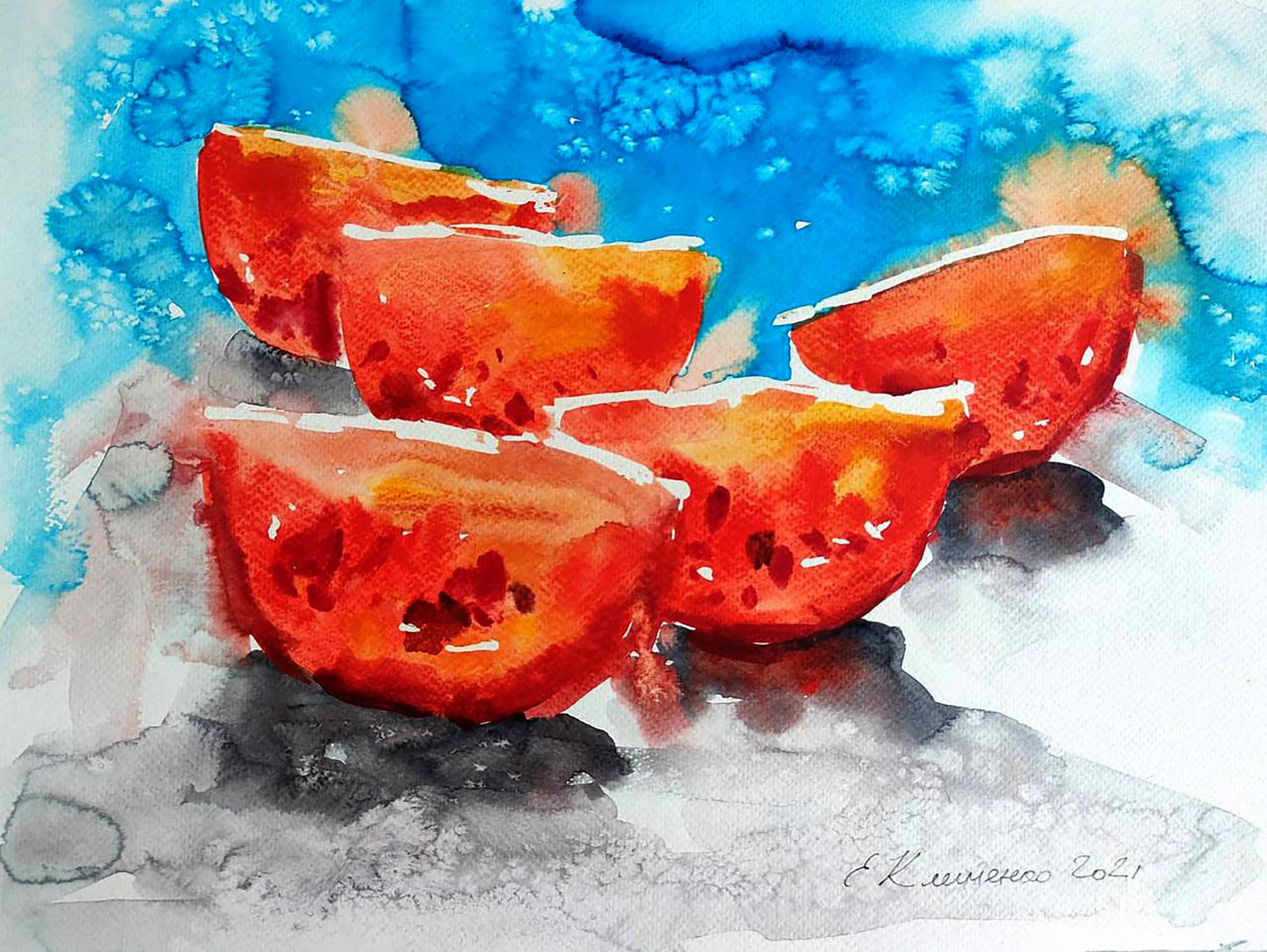 Vibrant watercolor tomatoes by Elena Klimenko, red slices with seeds on blue-gray background