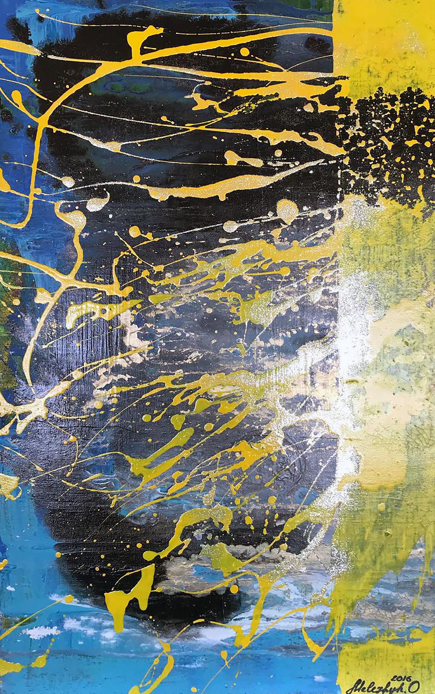 Acrylic painting Shine by Melezhik Olga with yellow black blue splashes