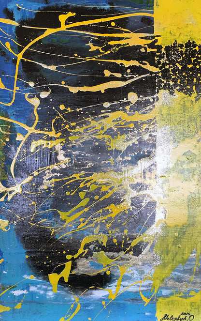 Acrylic painting Shine by Melezhik Olga with yellow black blue splashes