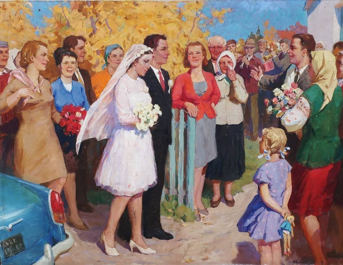 Oil painting of white wedding dress with veil and lace by Chudinov Yu