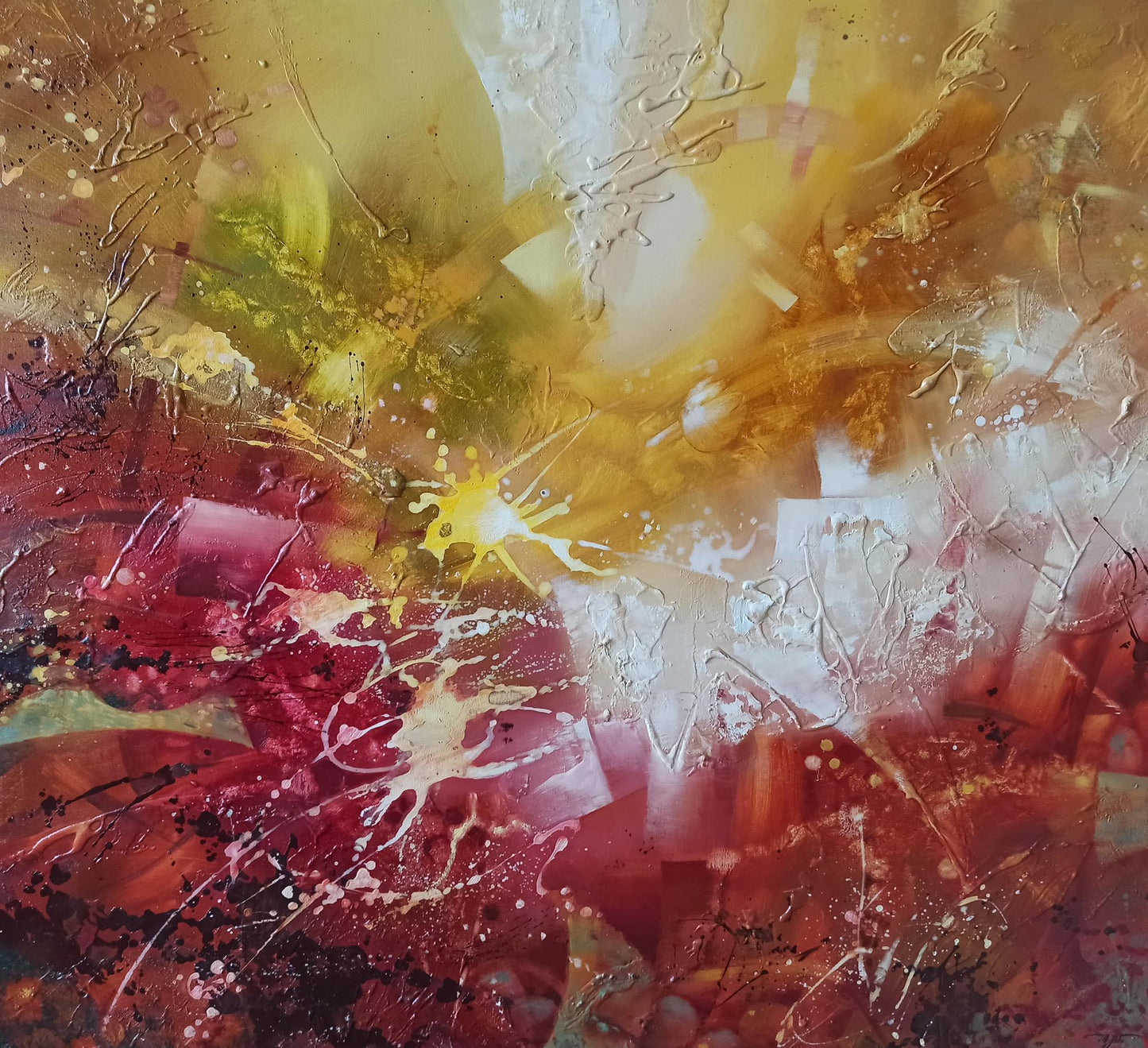 Vibrant abstract oil painting Awakening by Anatoly Tarabanov in gold, red, white