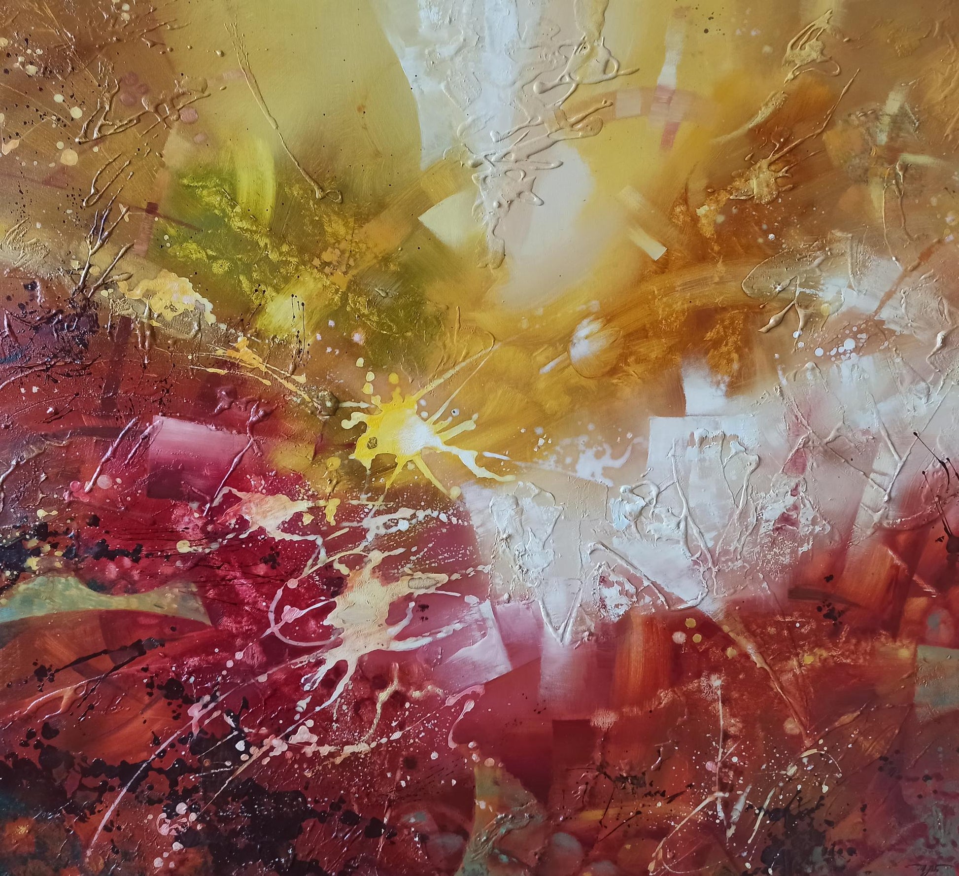 Vibrant abstract oil painting Awakening by Anatoly Tarabanov in gold, red, white