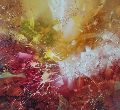 Vibrant abstract oil painting Awakening by Anatoly Tarabanov in gold, red, white