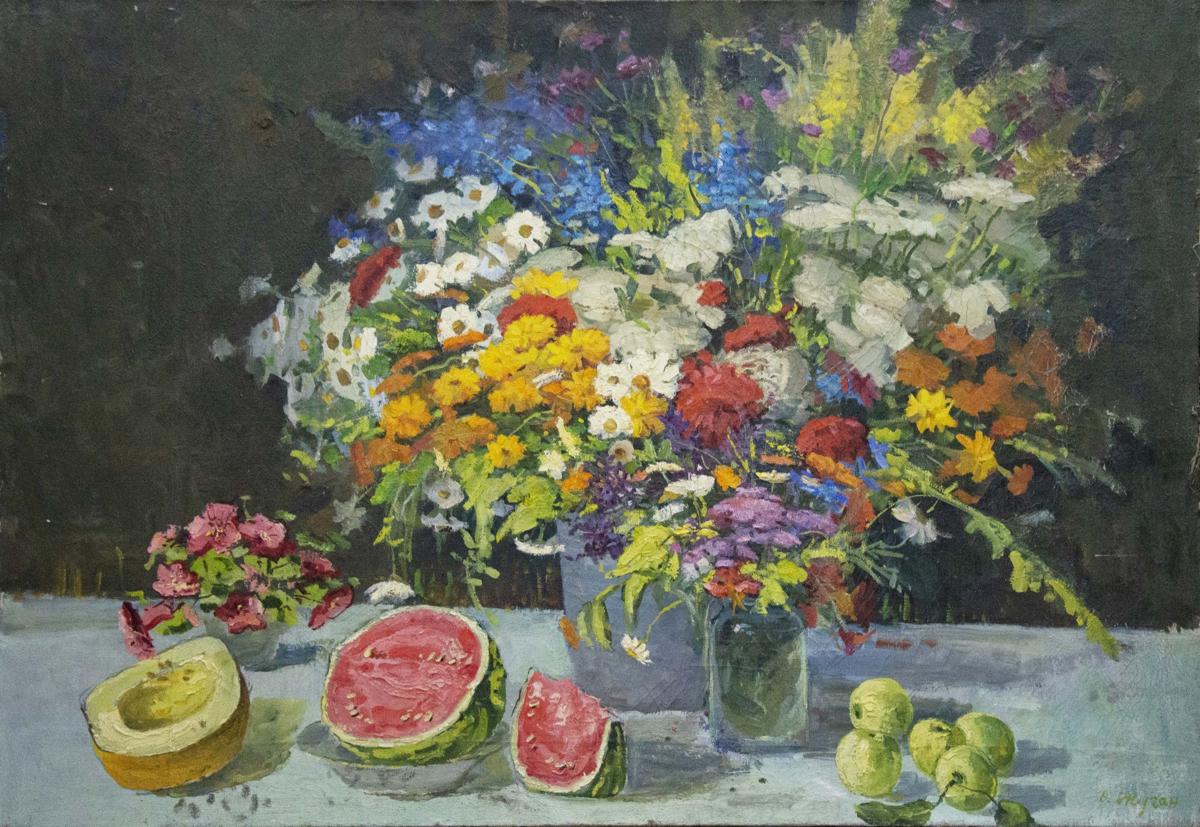Oil painting of summer fruits, flowers by Vladimir Zhugan