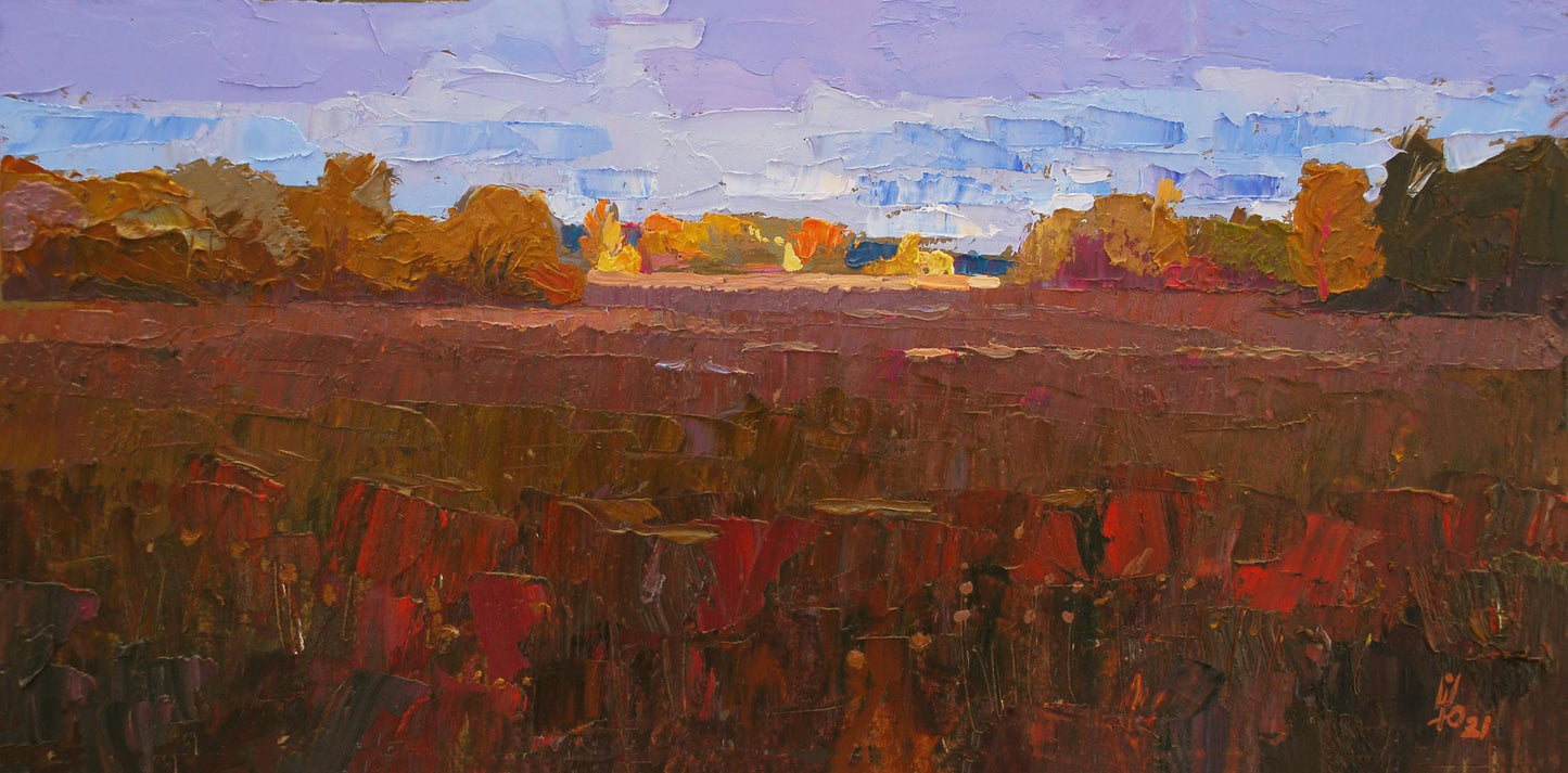 Oil painting Autumn ray by Egor Shvachunov: red brown field, autumn trees, purple sky