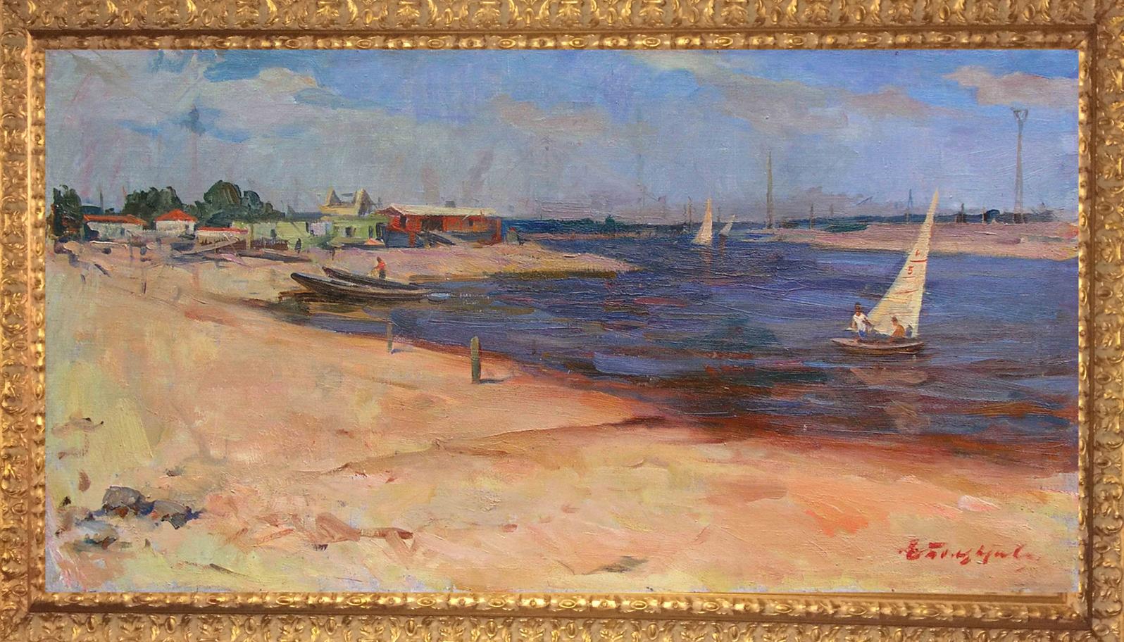 Oil painting by Boldyreva Evdokia Gavrilovna: sailboats on blue water, sandy shores