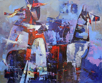 Oil painting Evening rendezvous by Valentina Alekseevna Kozyar, bold blue red white strokes