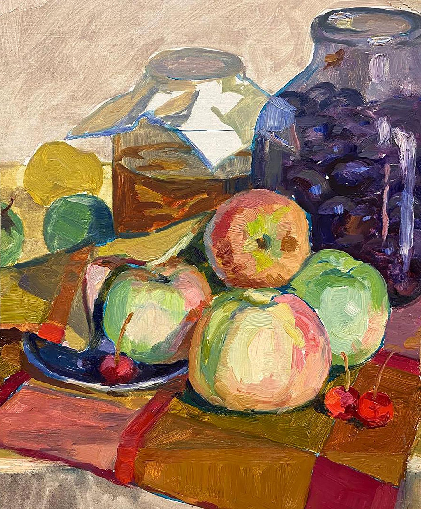 Oil painting Rustic Apple Arrangement with vibrant green red yellow apples on checkered cloth