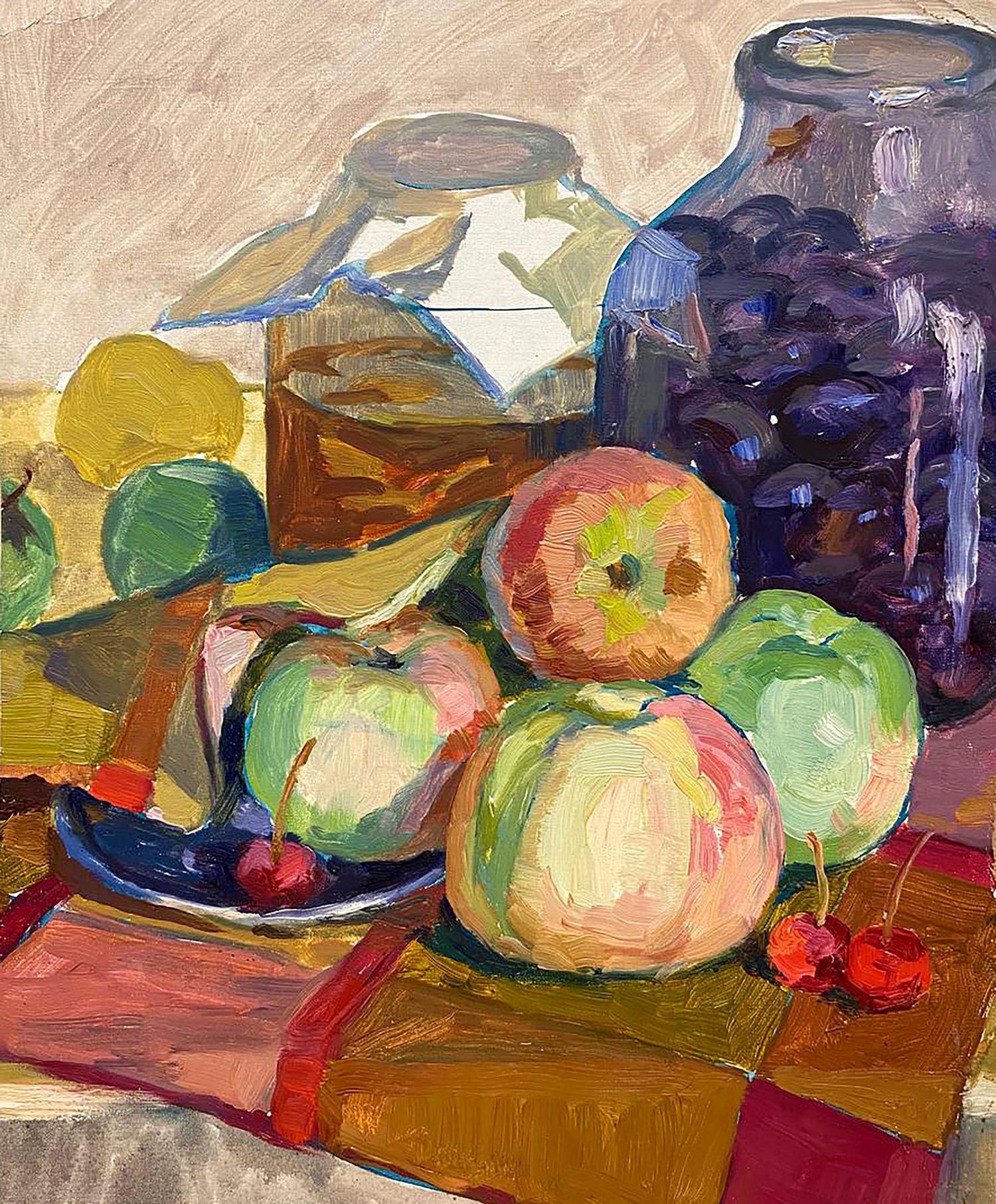 Oil painting Rustic Apple Arrangement with vibrant green red yellow apples on checkered cloth