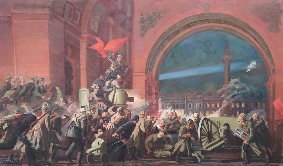 Vibrant red flag waves over soldiers storming winter in historic arched oil painting