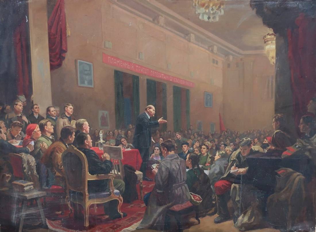 Oil painting of man in dark suit speaking at Third Congress to attentive crowd