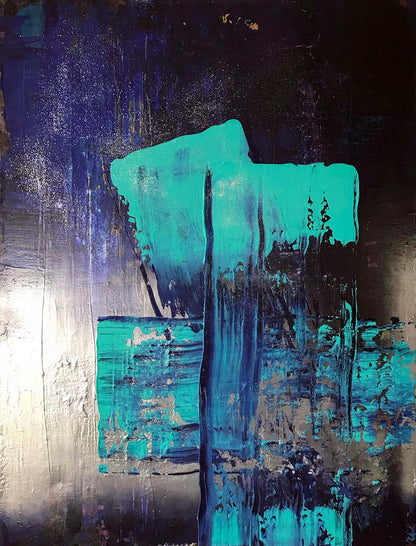 Equilibrium acrylic painting by Melezhik Olga, teal blue brushstrokes