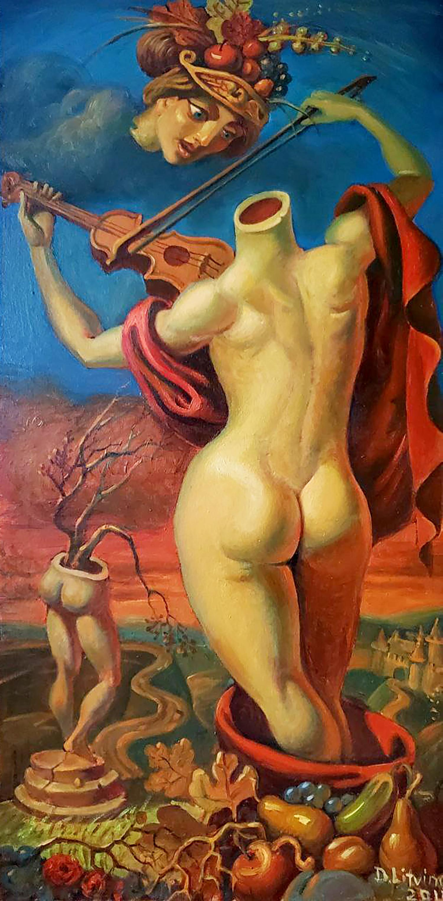 Surreal oil painting Allegory of Autumn by Litvinov Daniil Olegovich, nude figure with vase head playing violin