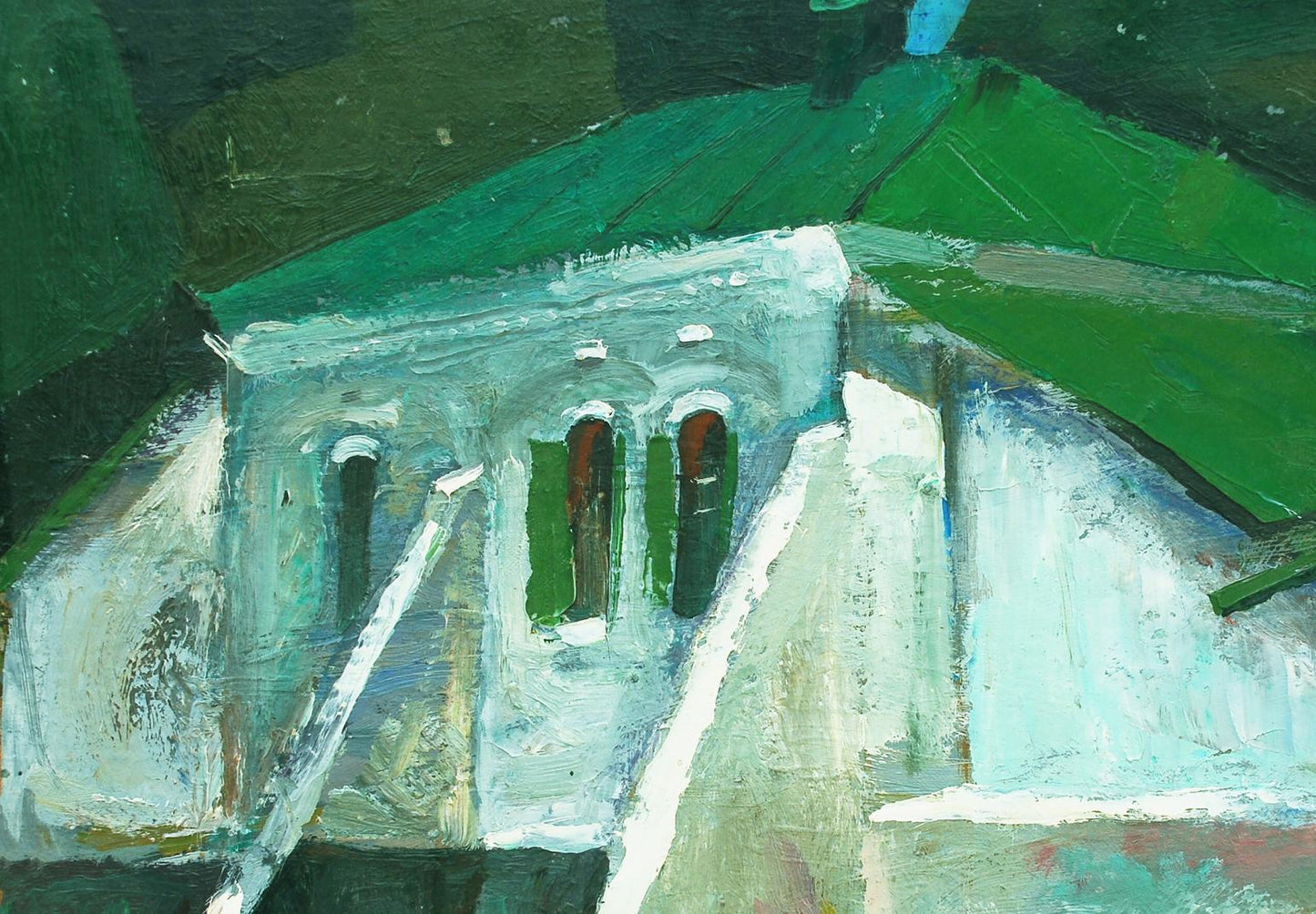 Oil painting of Buttress House by Egor Shvachunov, textured white building with green roof