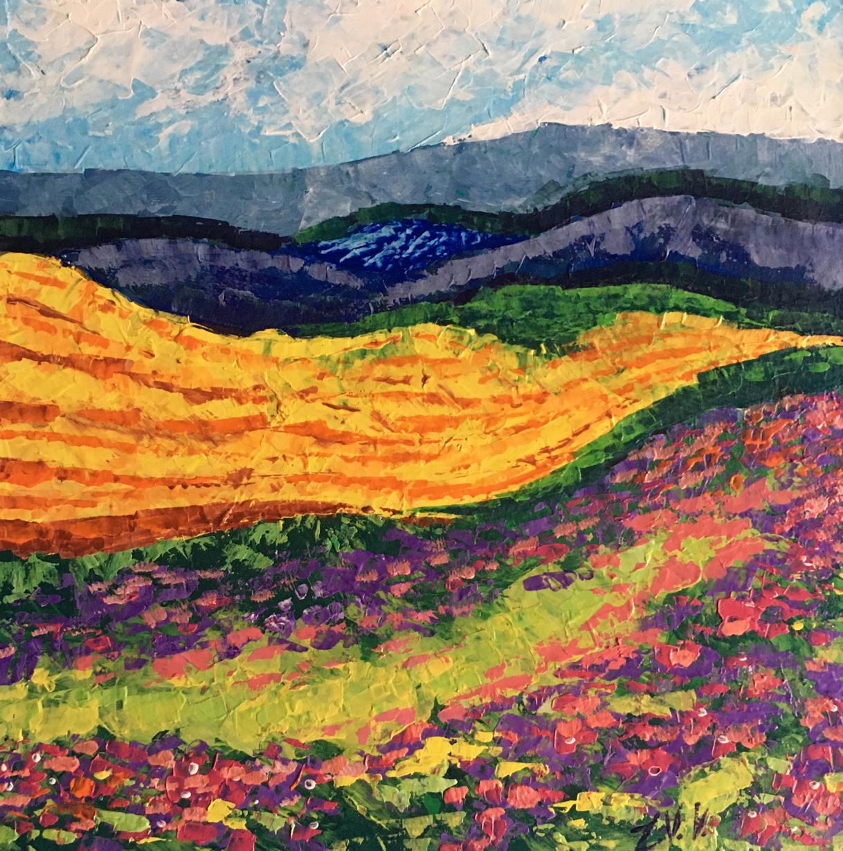 Vibrant Carpathians oil painting by V. Zadorozhnya with orange hills and wildflowers